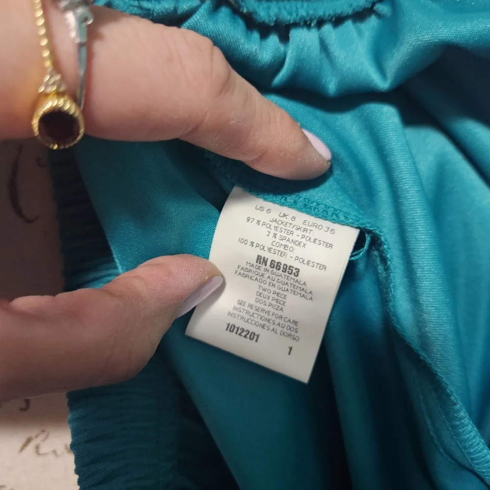 Vintage Leslie Fay Turquoise Velvet Skirt Suit Jacket Set W Gold Buttons Size 6P